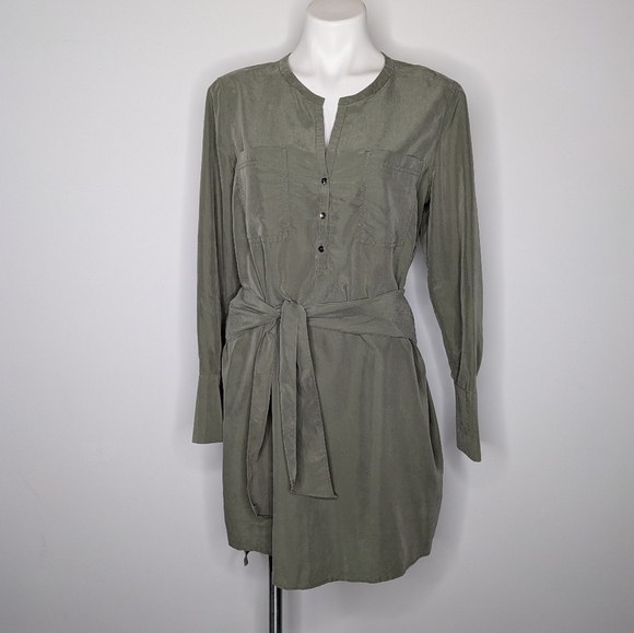 Kenneth Cole NY Green Tie Waist Button Down Long Sleeve Knee Length Dress M - Picture 1 of 10